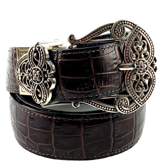 Vintage BRIGHTON \'B40369\' Reversible‎ Croc  Leather Belt Silver Buckle